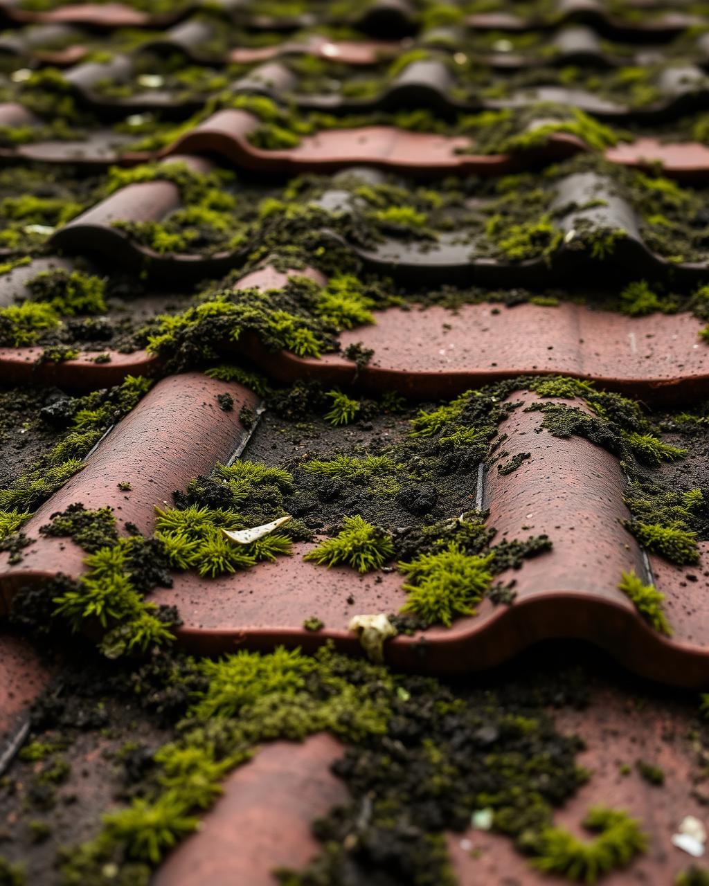 Tuiles en terre cuite envahies de mousses et lichens, photographie d’illustration