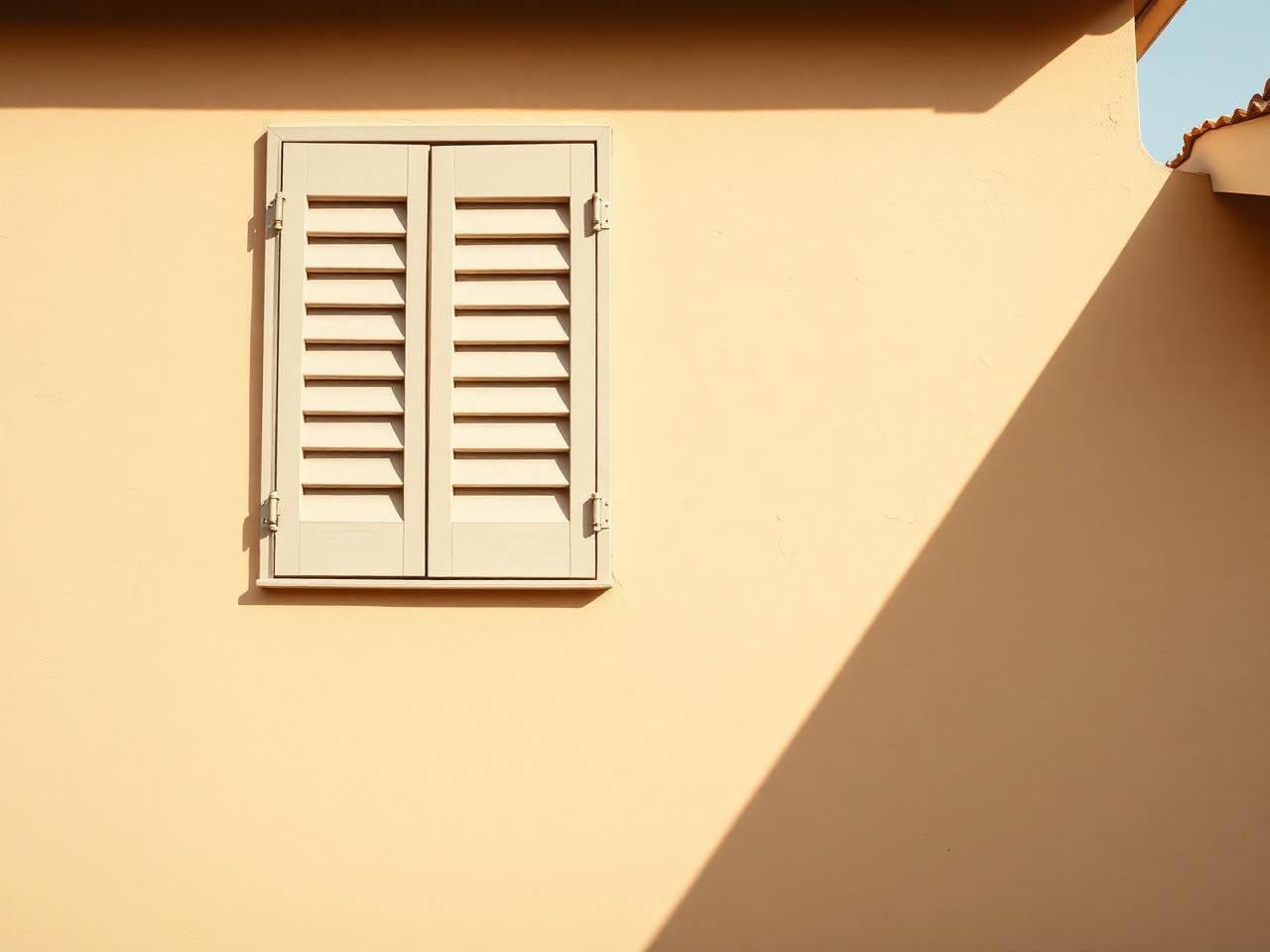 Façade peinte de teinte sable avec volet et ombre portée, photographie d’illustration