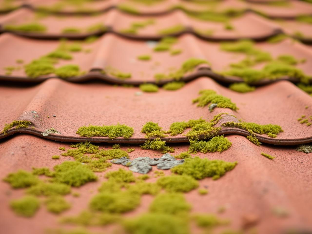 Tuiles de toiture couvertes de mousses et de lichens, photographie d’illustration